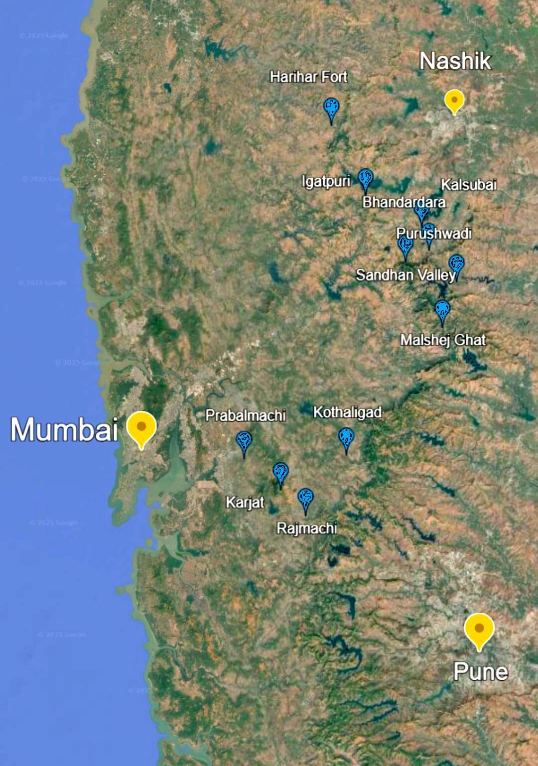 Fireflies Festival Maharashtra map image showing various firefly locations near Mumbai, Pune, and Nashik. Map image marker pointing at Igatpuri, Rajmachi, Bhandardara, Purushwadi, Karjat, Kalsubai, Harihar, Prabalmachi, Secret Location, and others